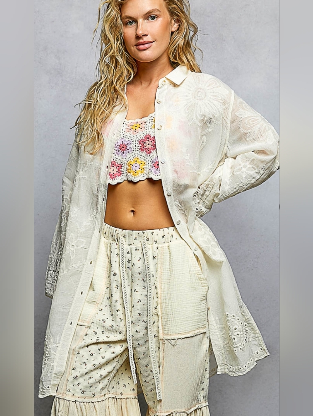 POL Cream Embroidered Button-Down Shirt